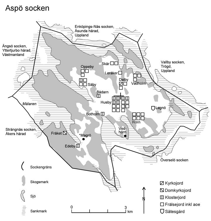 Aspö 39 Kartan visar antal gårdar på 1550-talet (SöH). Botholm 1550 Bottholms torph (SöH 1550:1A), 1553 Botholm (SöH 1553:6) 10 H, 9 d. SöH 1 våkl, 1553 1 aoe 0:4, 1562 1 ky, 1573 1 frt.