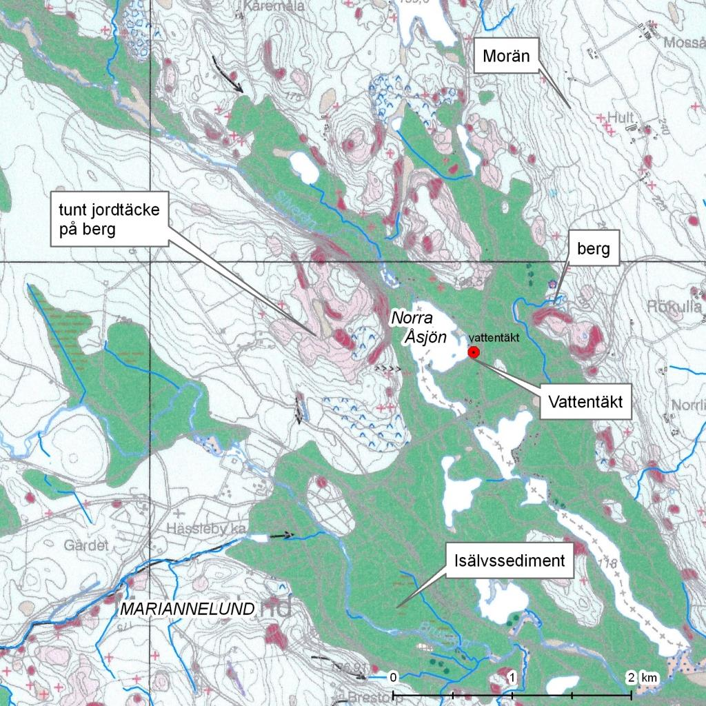 3.3 Geologi Vattentäkten är belägen i en 20-40 m mäktig isälvsavlagring (sand och grus) som följer Silveråns dalgång i NV-SO riktning.