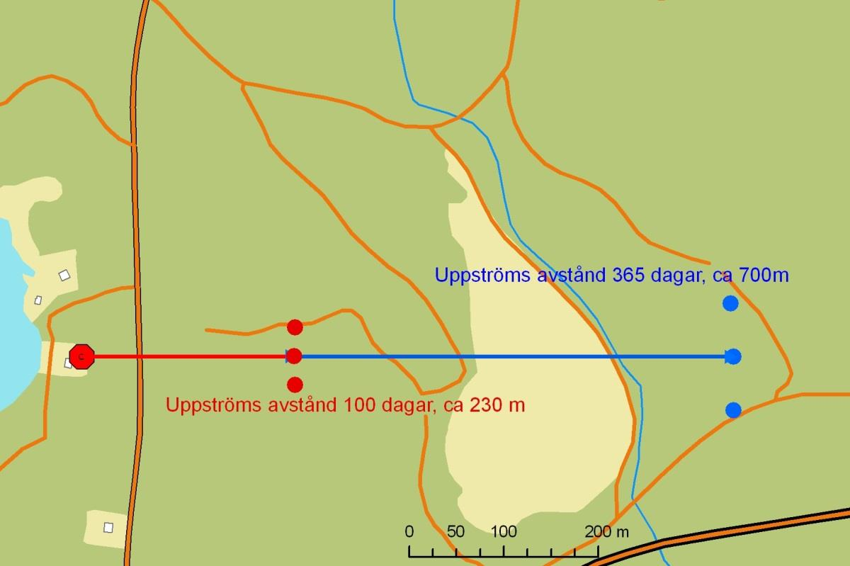 Figur 7.2 Avstånd uppströms markerat vid ett uttag om 1350 m3/dygn Beräkning av erforderliga flödessträckor nedströms vattentäkten motsvarande minst 100 respektive 365 dygn.