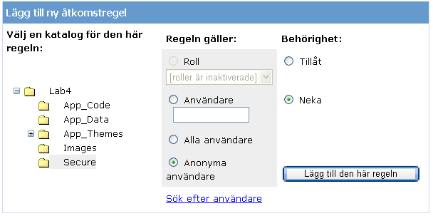 6 h. I steg 6 ( Lägg till nya åtkomstregler ), Välj foldern Secure I trädvyn under Välj en katalog för denna roll enligt nedan.