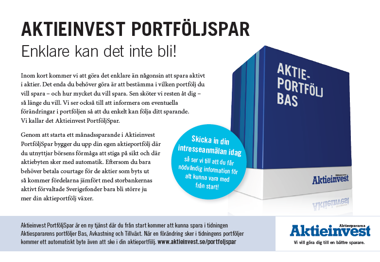 Aktieinvest PortföljSpar - Enklare kan det inte bli! Spara i färdiga aktieportföljer och följ portföljens utveckling.