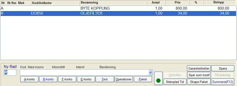 9. Gå till Antal och skriv in hur många timmar arbetet tar. Om du trycker Enter i detta läge så förs raden upp till kroppen på arbetsordern.