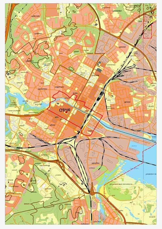 Bild 1. Fornlämningsområdet RAÄ 51 är markerat med röd linje. Stortorget i Gävle är markerat med en röd punkt.