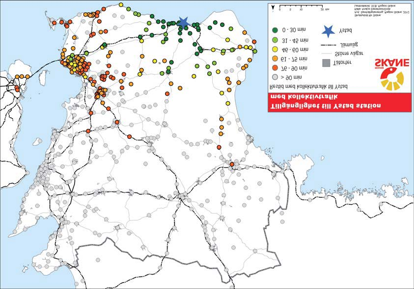 Ystad, Simrishamn och Sjöbo ligger i intervallet 76 90 minuter och Tomelilla i intervallet 61