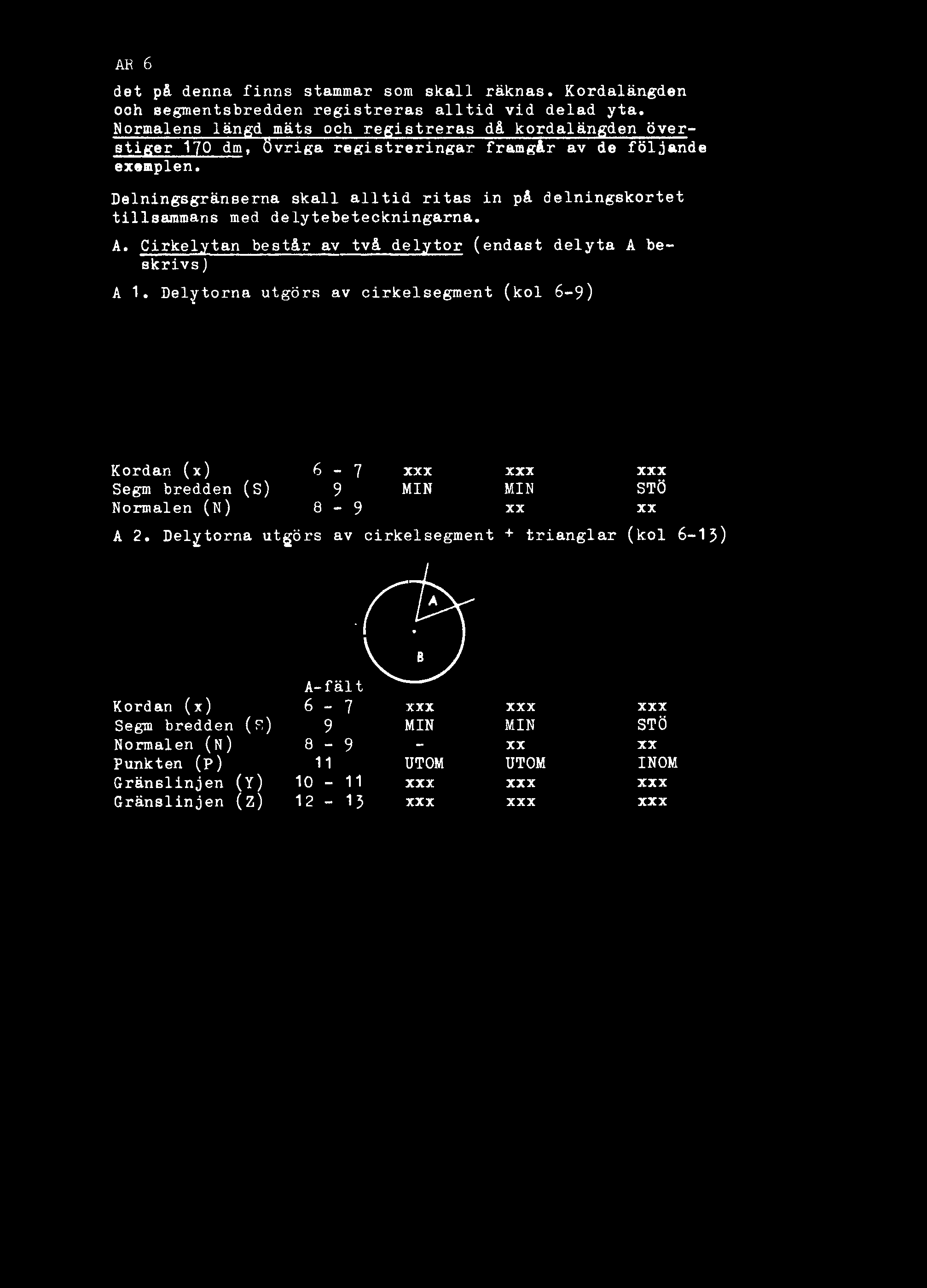 Cirkelytan består av två delytor (endast delyta A beskrivs) A 1. Deljrtorna utgörs av cirkelsegment (kol 6-9) Kordan (x) 6-7 xxx xxx xxx Segm bredden (s) 9 MIN MIN STÖ Normalen (N) 8-9 xx xx A 2.