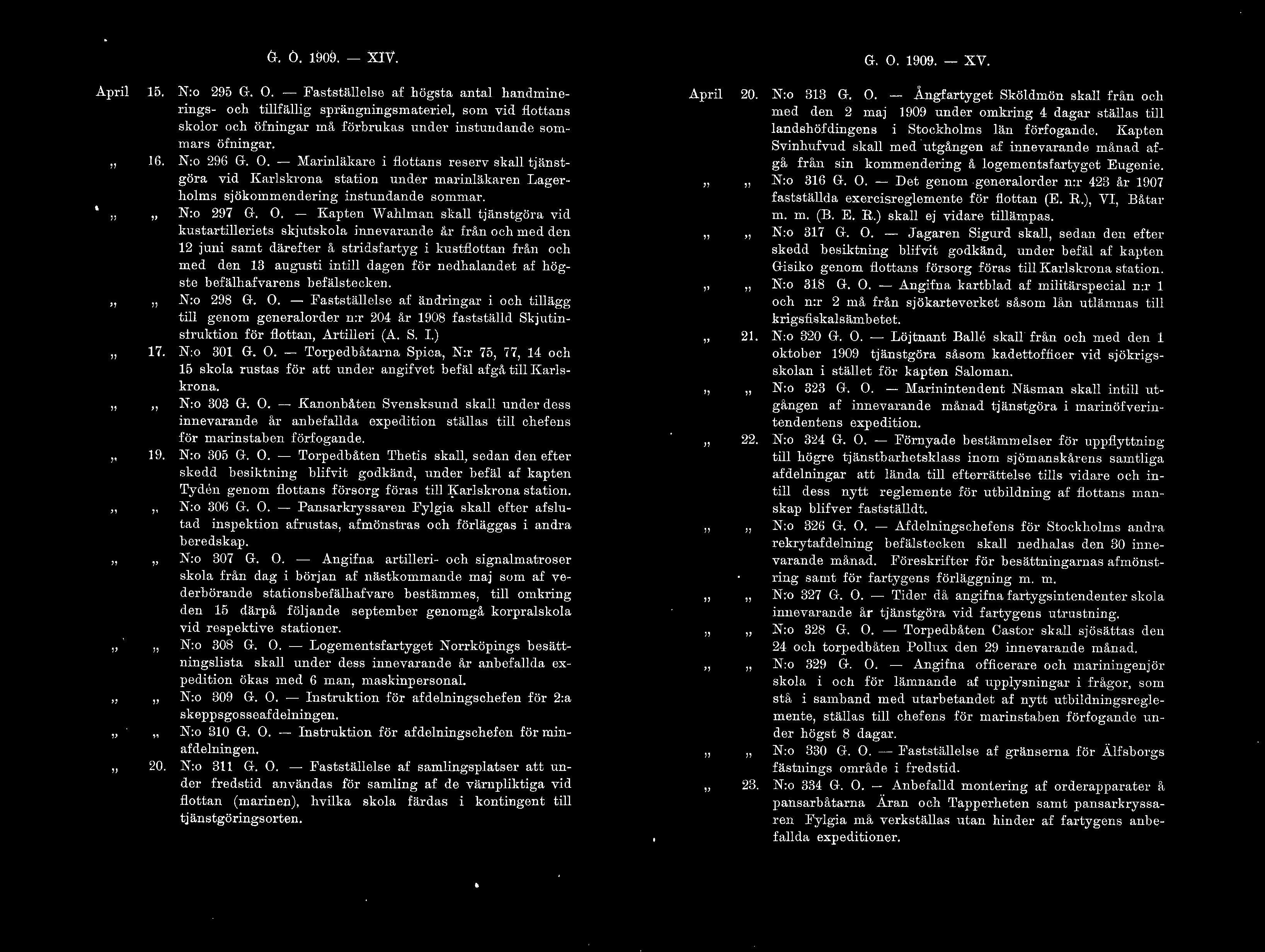 G. Ö. 1909. - XIV. G. O. 1909. - XV. Apri 15. 16. 17.. 19.. 20. N:o 295 G. O. - Faststäese af högsta anta handminerings- och tifäig sprängningsmaterie som vid fottans skoor och öfningar må förbrukas under instundande sommars öfningar.
