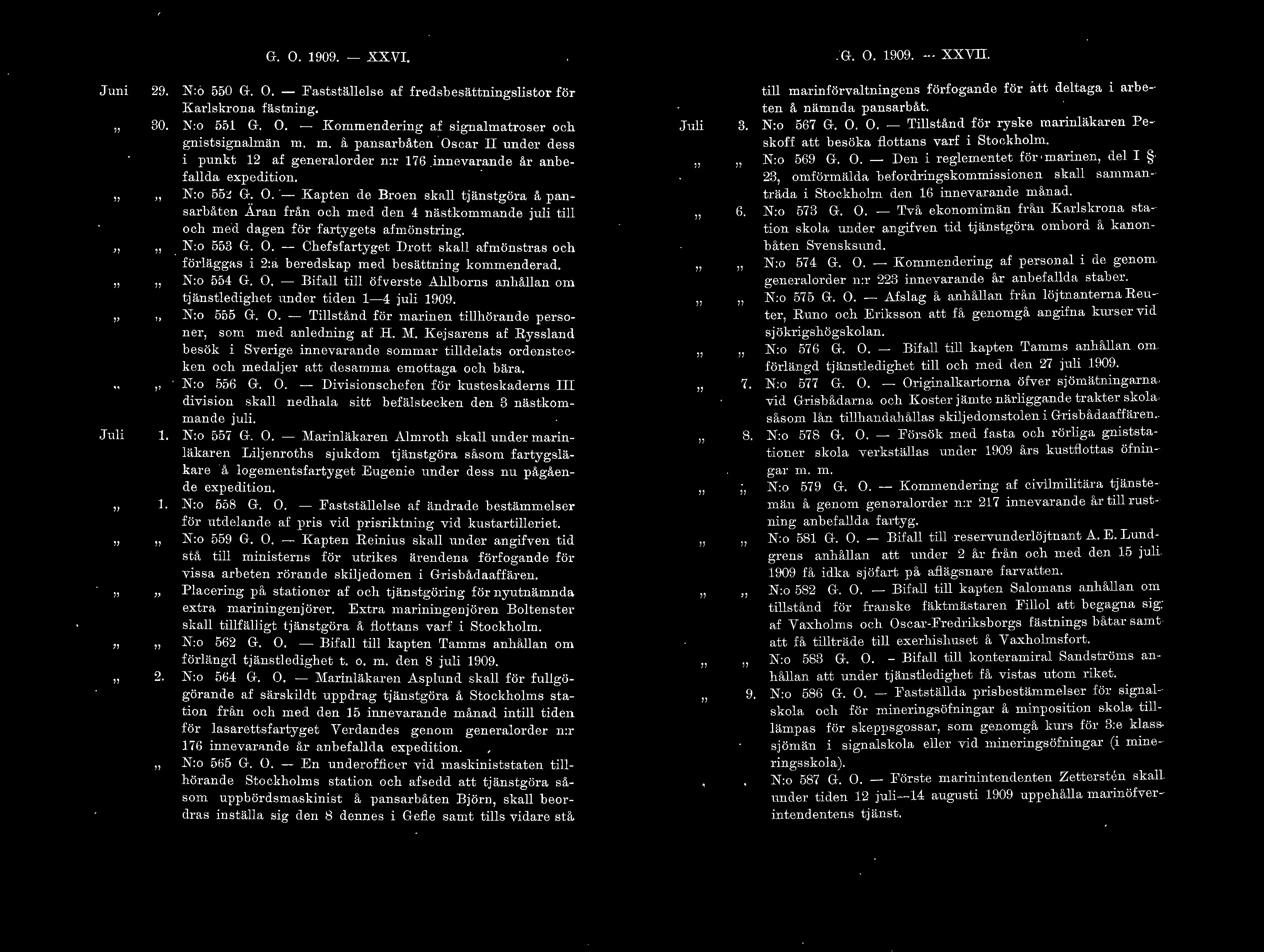 G. O. 1909. - XXVI. G. O. 1909. - XXVII. Juni 29. 30. Jui.. 2. N:o 550 G. O. - Faststäese af fredsbesättningsistor för Karskrona fästning. N:o 551 G. O. - Kommendering af signamatroser och gnistsignamän m.