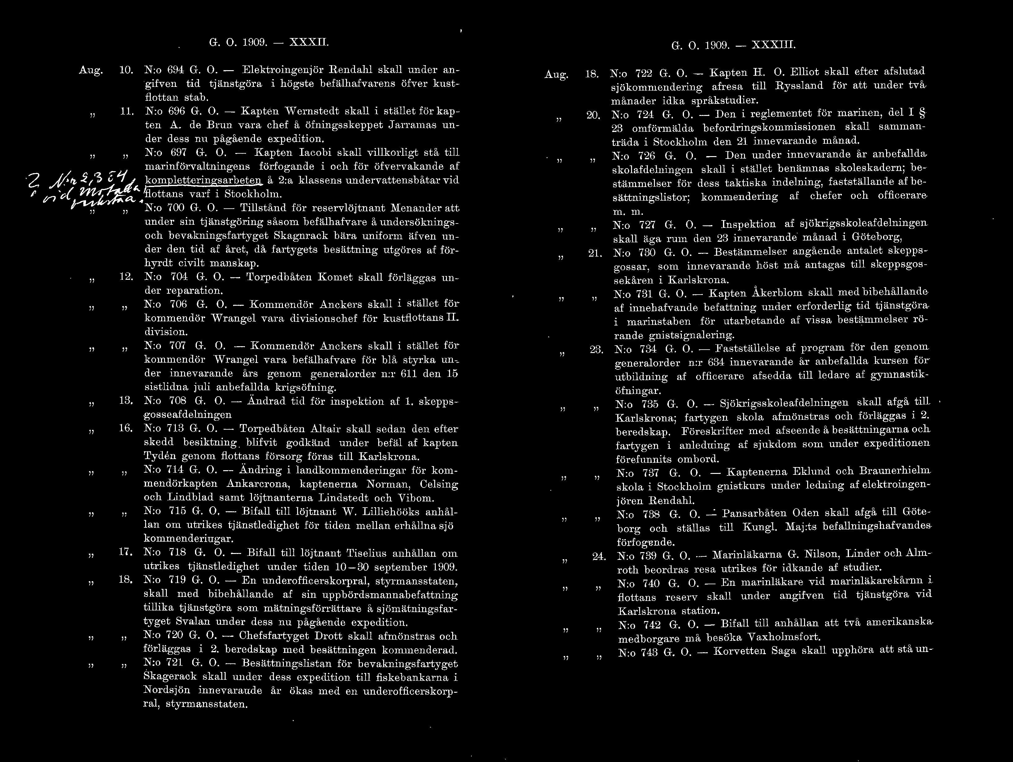 Aug. 2.AJrz. ~/3 ;; 'f G. O. 1909. - XXXII. 10. N:o 694 G. O. - Eektroingenjör Rendah ska under angifven tid tjänstgöra i högste befähafvarens öfver kustfottan stab. 11. N:o 696 G. O. - Kapten IV ernstedt ska i stäet för kapten A.