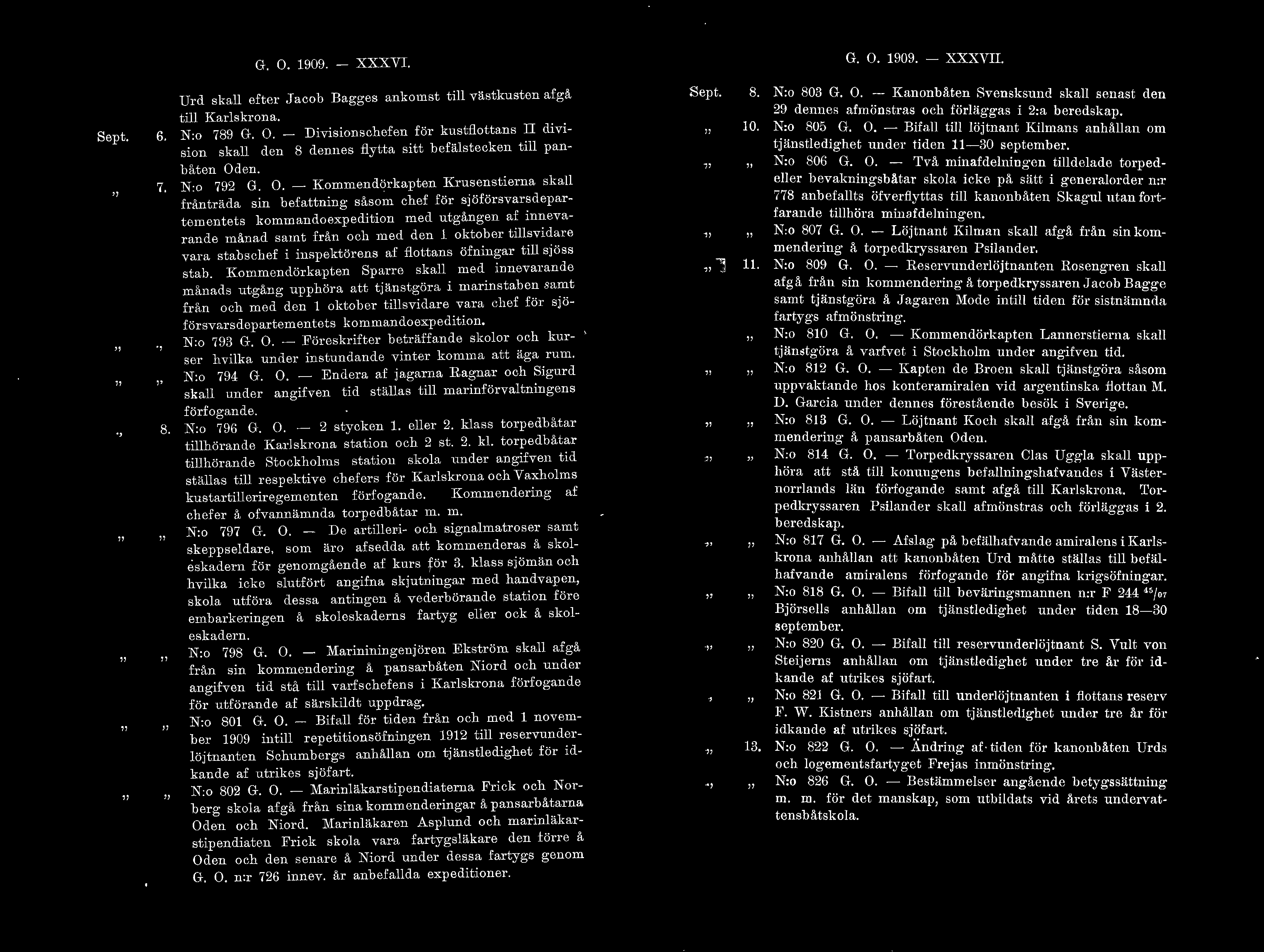 G. O. 1909. - XXXVI. G. O. 1909. - XXXVII. Sept. 6. 7.. 8. Urd ska efter Jacob Bagges ankomst ti västkusten afgå ti Karskrona. N:o 789 G. O. - Divisionschefen för kustfottans II division ska den 8 dennes fytta sitt befästecken ti panbåten Oden.