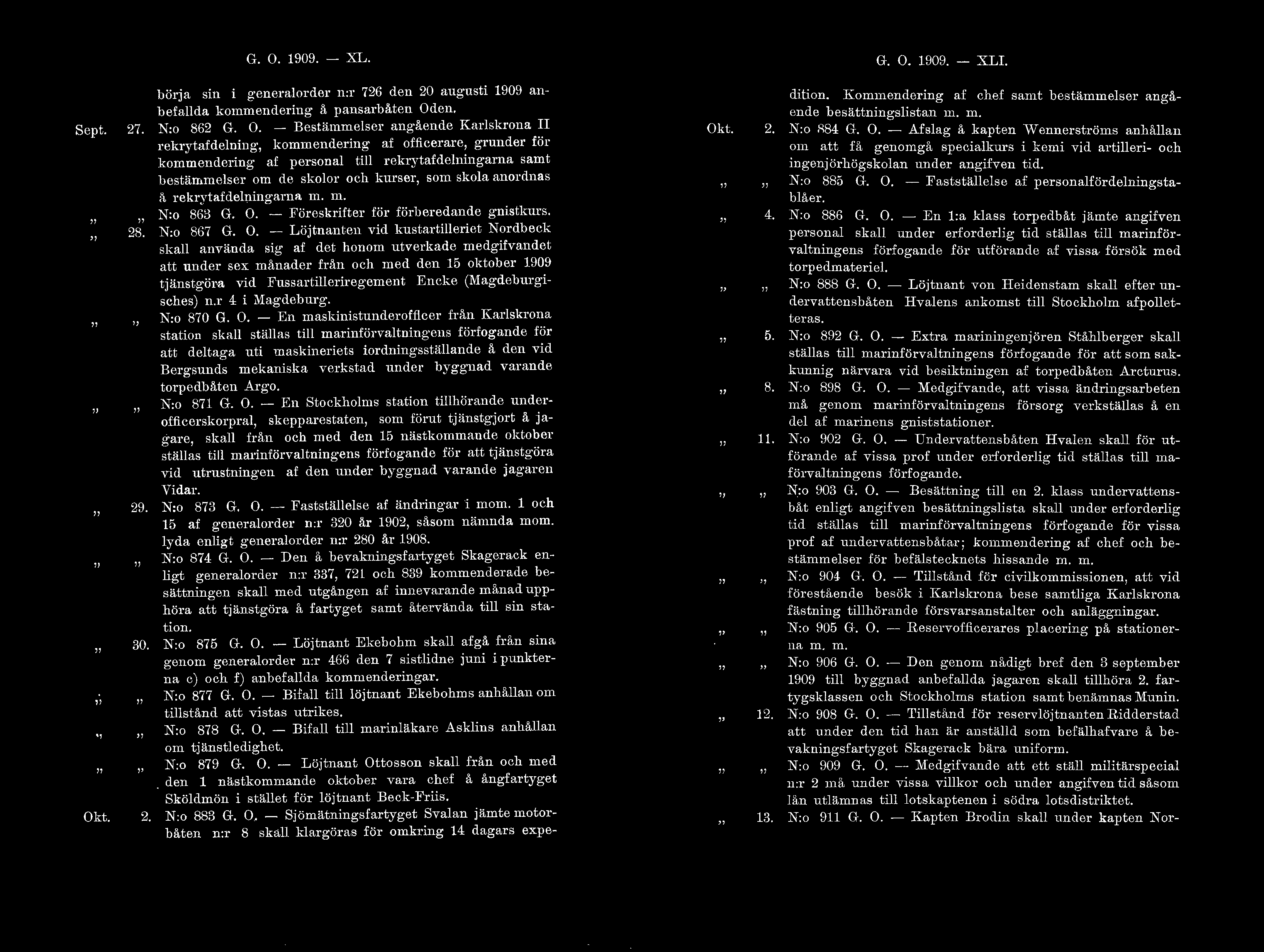 G. O. 1909. - XL. G. O. 1909. - XLI. Sept.. Okt. börja sin i g eneraorder n:r 726 den 20 augusti 1909 anbefada kommendering å pansarbåten Oden. 27. N:o 862 G. O. - Bestämmeser angående Karskrona II 28.