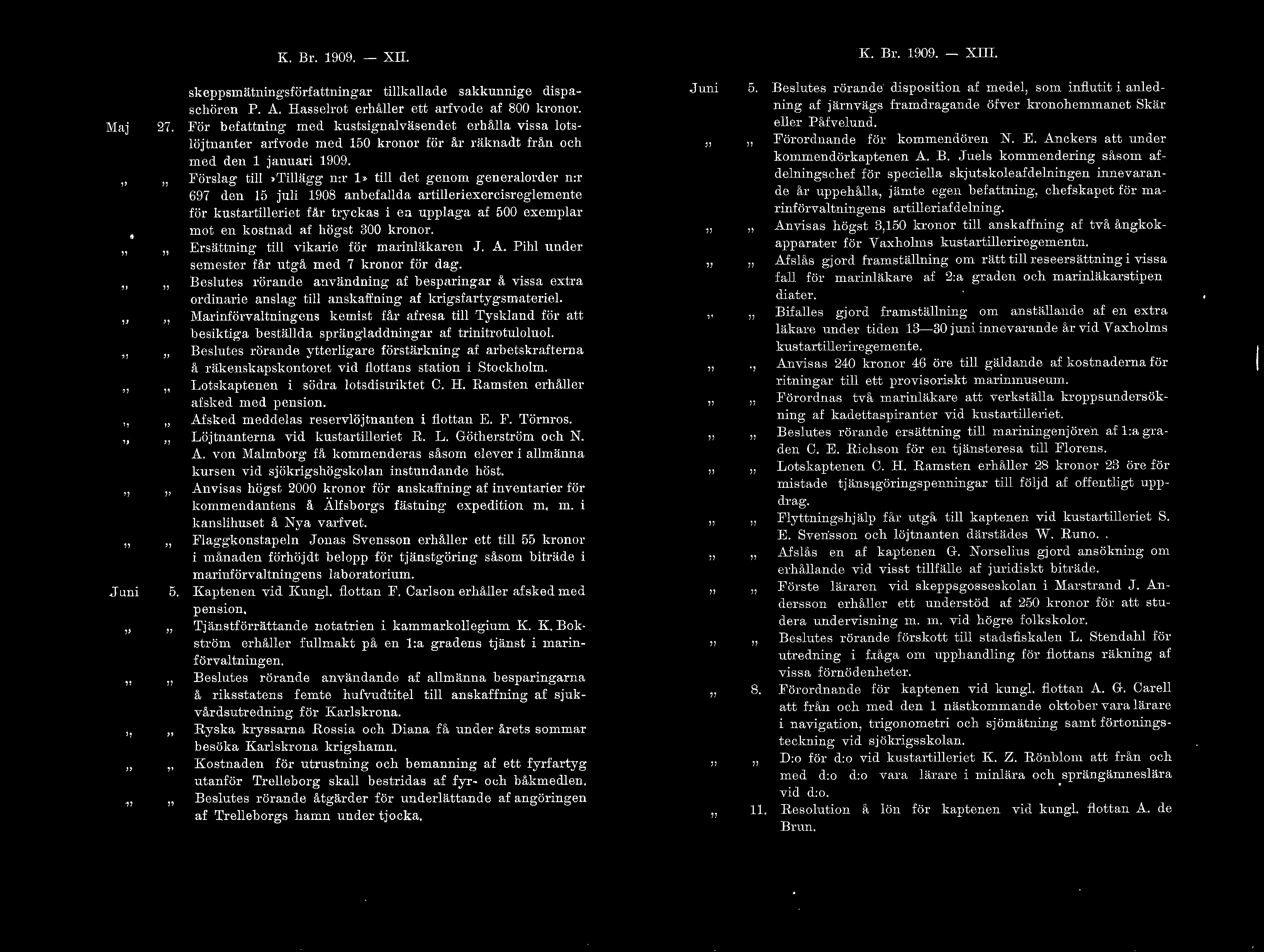 K. Br. 1909. - XII. K. Br. 1909. - XIII. Maj 27. skeppsmätningsförfattning ar tikaade sakkunnige dispaschören P. A. Hasserot erhåer ett arfvode af 800 kronor.