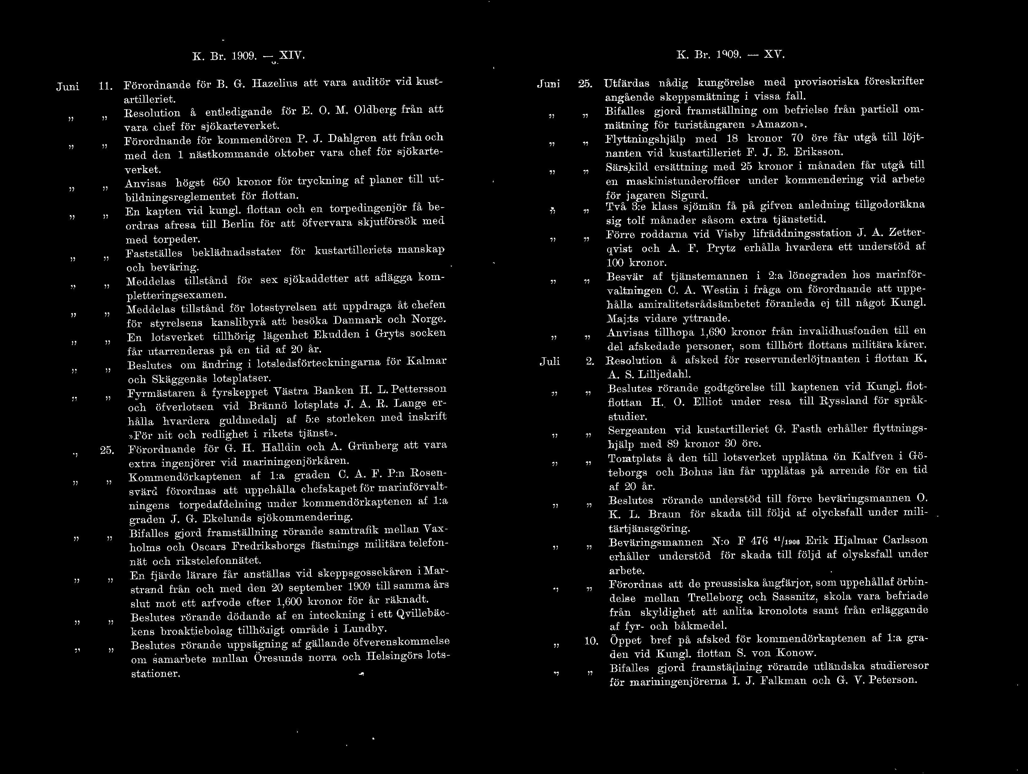 K. BL 1909. - XIV. K. Er. Q09. - XV. Juni 11.. 25. Förordnande för B. G. Hazeius att vara auditör vid kustartieriet. Resoution å entedigande för E. O. M. Odberg från att vara chef för sjökarteverket.