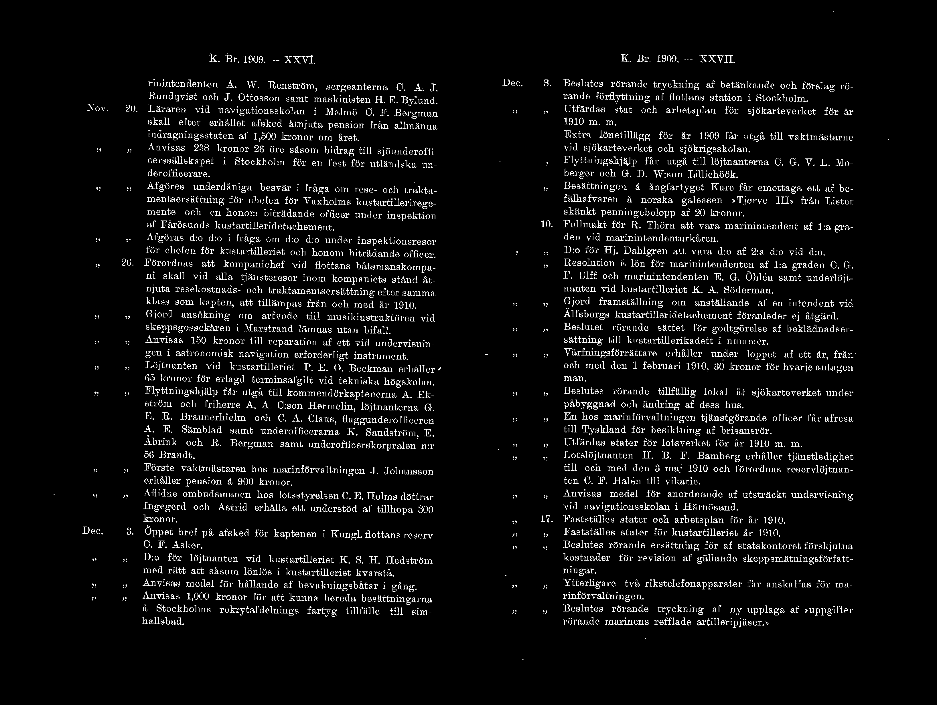 K. Br. 1909. - XXV!. K. Br. 1909. - XXVII. Nov. 20. ) ' 2!i. Dec. 3. ') )' rinintendenten A. W. Renström sergeanterna C. A..J. Runcqvist och.j. Ottosson samt maskinisten H. E. Byund.