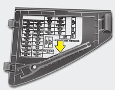 OAM079020 Säkringshållaren i kupén Byte av säkring: 1. Vrid tändningsnyckeln till OFF och stäng av alla elförbrukare. 2. Öppna luckan som bilden visar. OAM079047 3.