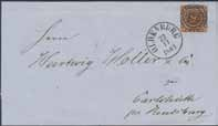 Note pr Kattegat by Swedish steamer. * 400:- 1984K 4e 1856 Skilling 4S. light yellow-brown in strip of four with full margins on domestic cover of fourth rate. Pl. IV pos. 86-89.