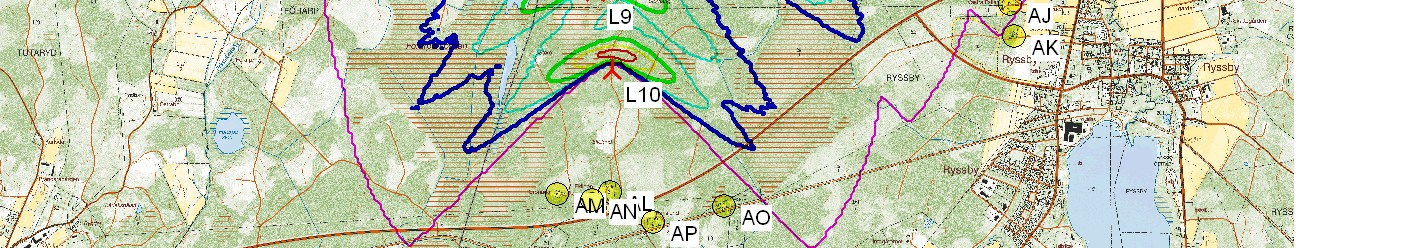 riktning mot vindkraftverket. Beräkningen tar hänsyn till topografi, dock ej vegetation.