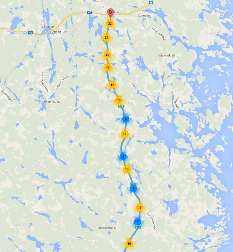 4 Viltolyckor längs aktuell sträcka Viltolyckor är vanligt förekommande längs väg E 22 mellan Nygård och Gladhammar. Olyckorna är spridda över hela sträckan.