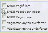 Lagret visas på 1000-metersnivån och aktiveras genom att klicka på kartverktyget NVDB och därefter genom att välja NVDB Väghållare Via lager NVDB Vägnät och noder ges möjlighet att se de olika