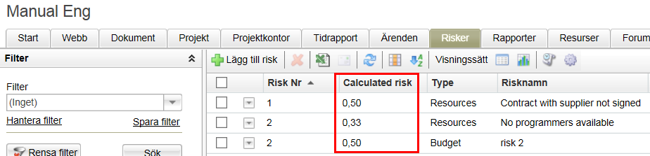 De kan exporteras till Excel tillsammans med övrig projekt data.