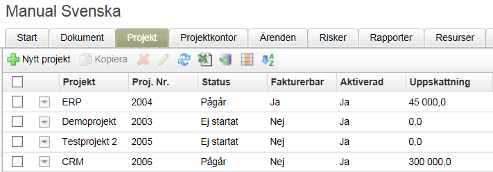 Fälten kan visas i projektlistan. De kan exporteras till Excel tillsammans med övrig projekt data och det kommer även ut på projektutskriften.