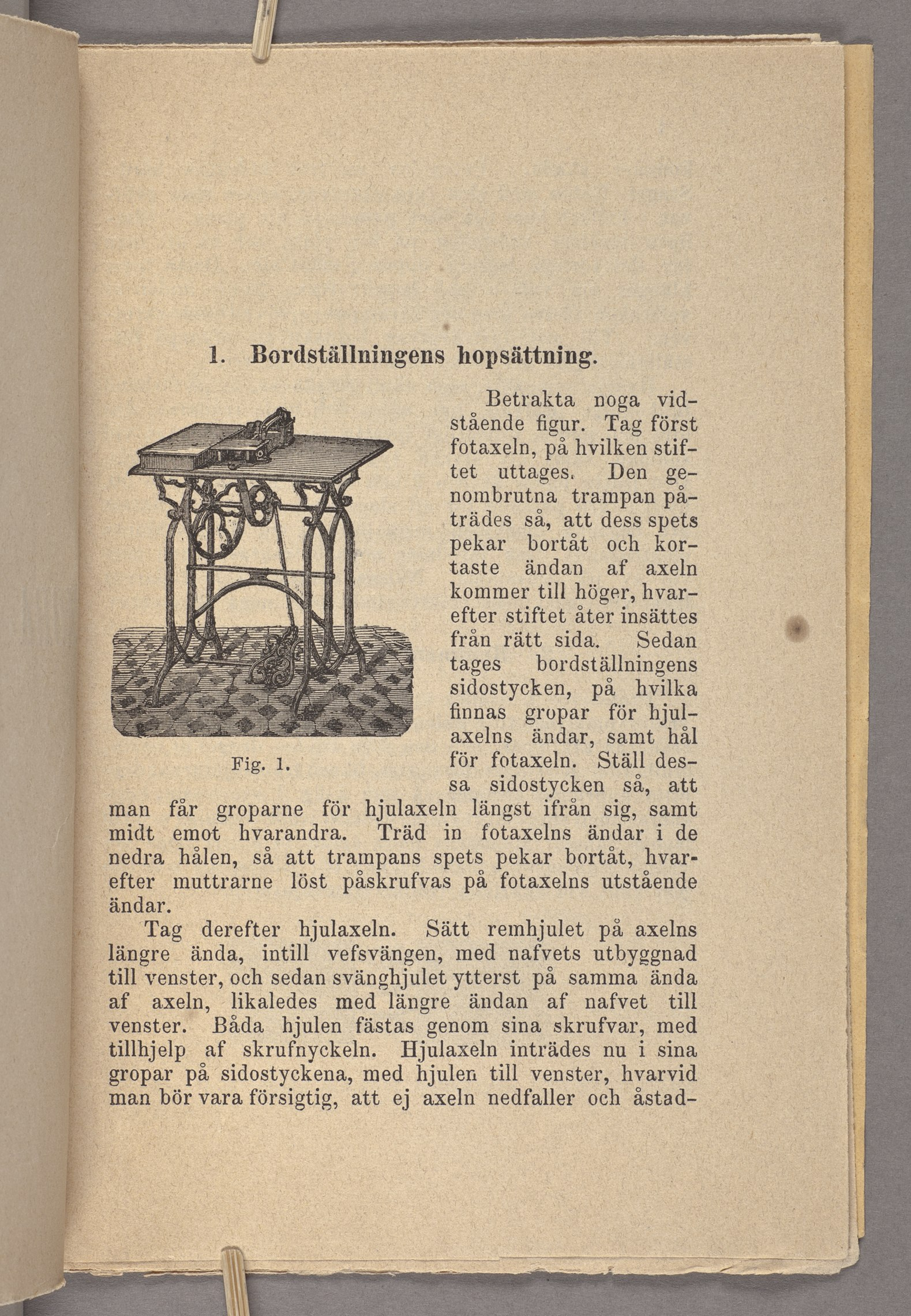 1 1. Bordställningens hopsättning. Betrakta noga vidstående figur. Tag först fotaxeln, på hvilken stiftet uttages.