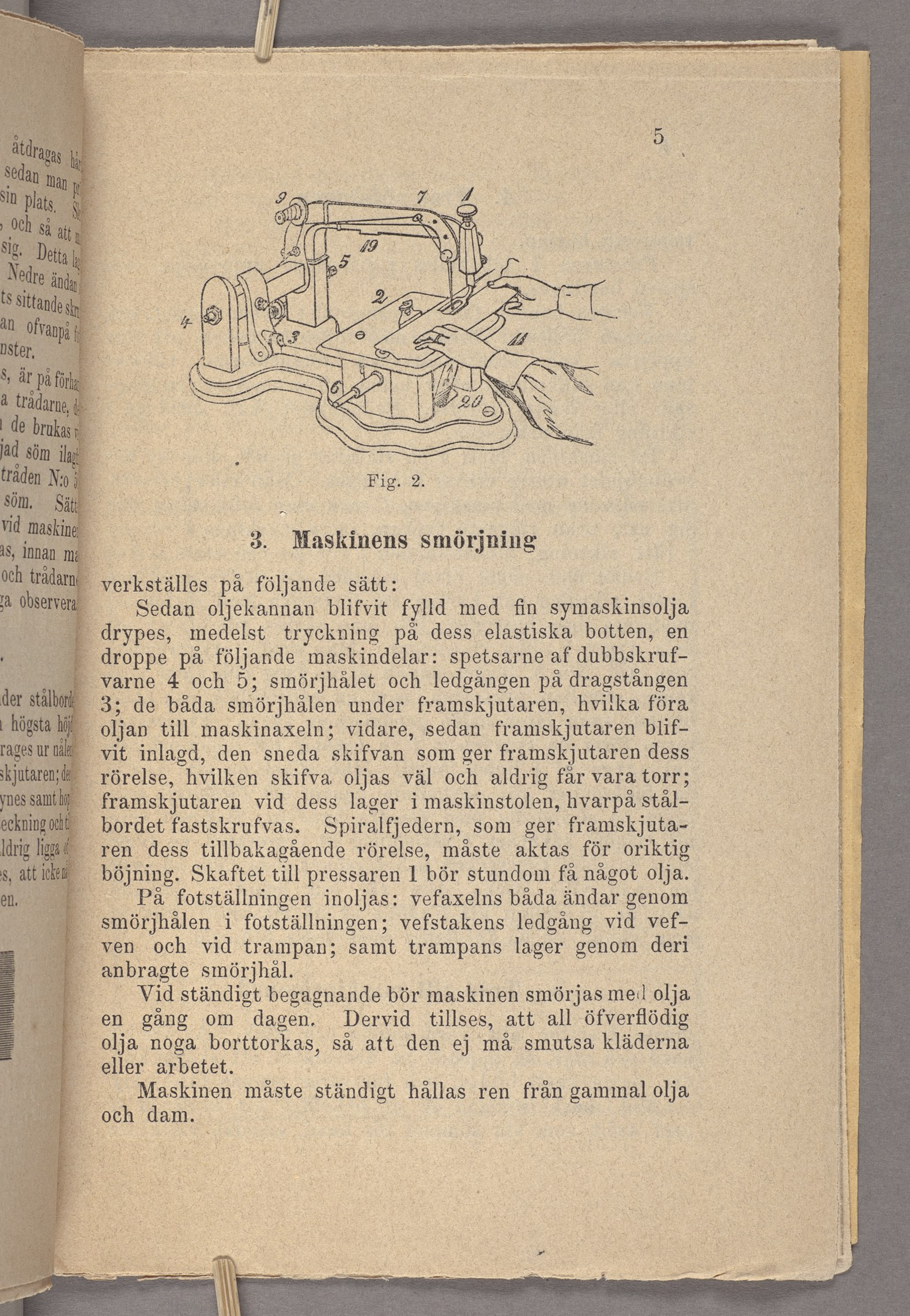 3. Maskinens Smörjning Verkställes på följande sätt: Sedan oljekannan blifvit fylld med fin symaskinsolja drypes, medelst tryckning på dess elastiska botten, en droppe på följande maskindelar: