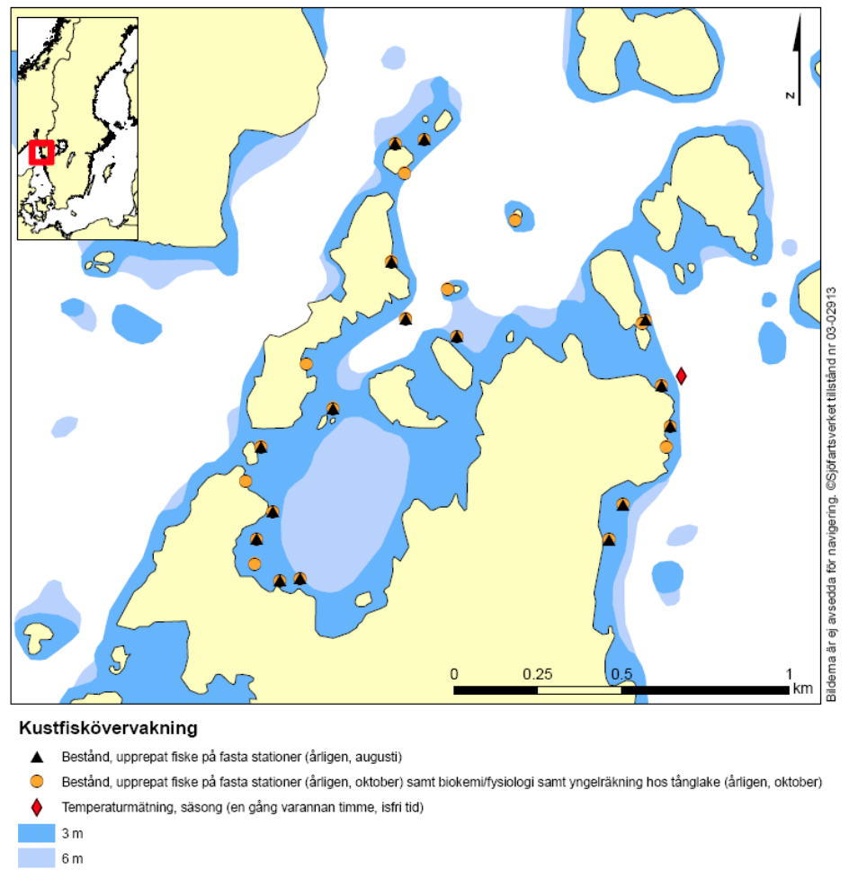 Karta över Fjällbacka Resultat kustfiskövervakningen Temperatur och siktdjup Varken under provfisket i augusti eller oktober ses någon trend i de uppmätta siktdjupen i Fjällbacka (figur 1).