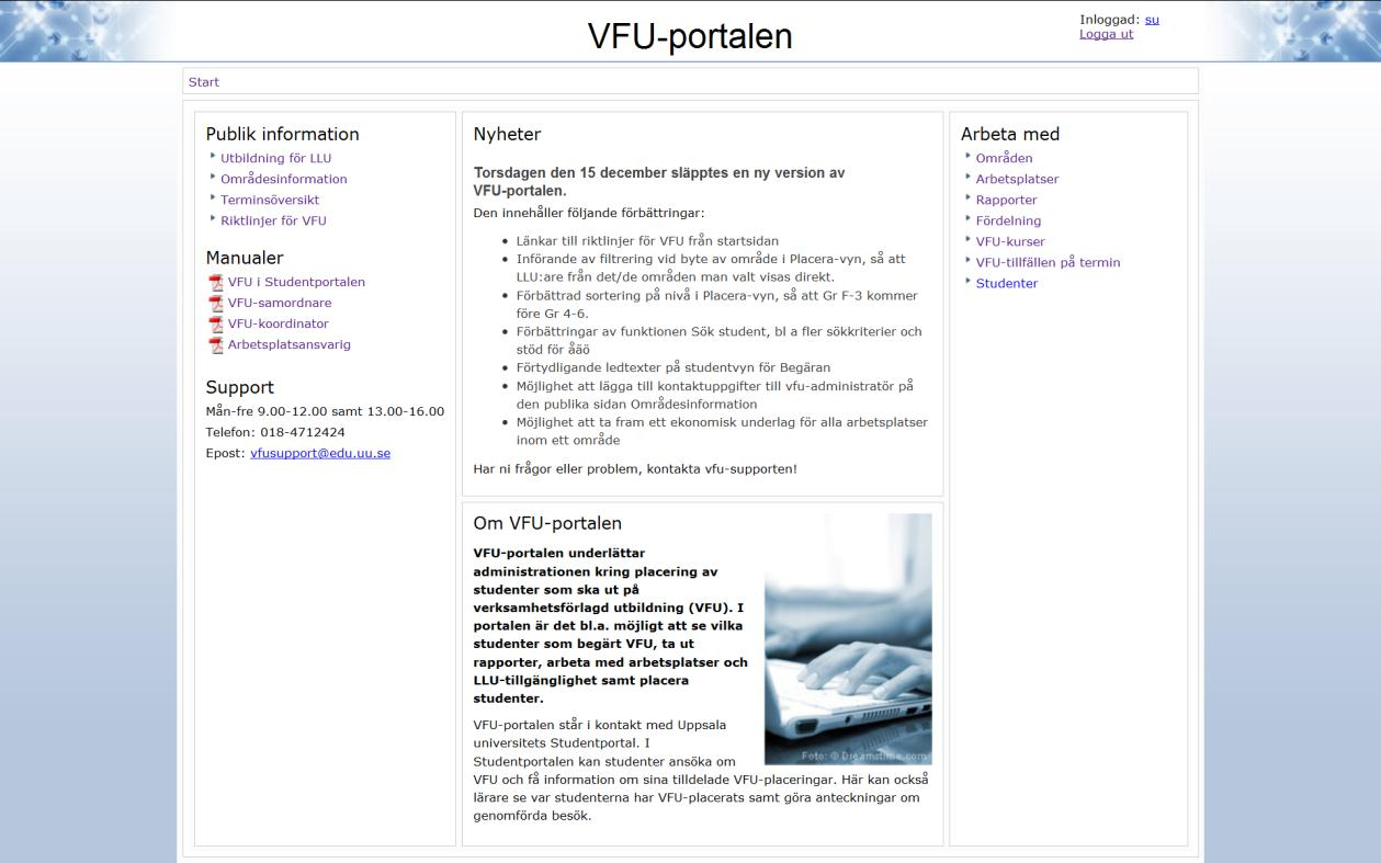 Efter att ha loggat in kommer du först till en Startsida. Beroende på vilken roll du har i systemet får du tillgång till olika länkar här.