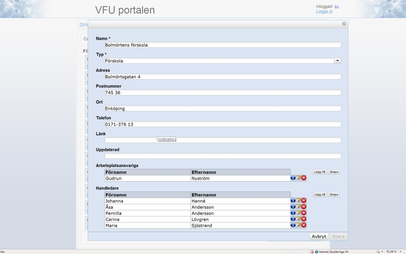 3. Redigera information för en arbetsplats Genom att klicka på redigera-ikonen vid en viss arbetsplats får man möjlighet att ändra informationen.