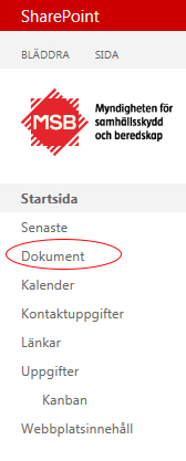 Här visas dagens händelser som finns i samarbetsytans kalender. 9. Sökfält. Dokument På samarbetsytans startsidan ser du senast uppdaterade dokument.