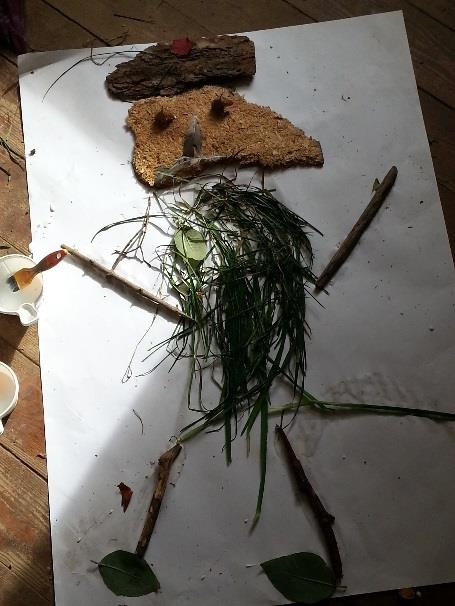 Efter lunchen satte vi igång med skapande. Temat denna gång var att klistra upp en Mulle gjord av naturmaterial.