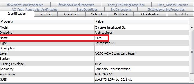 Figur 11. Figuren visar IFC-data tillhörande ett fönsterobjekt i säkerhetshuset och vars information om littera kunde hittas.