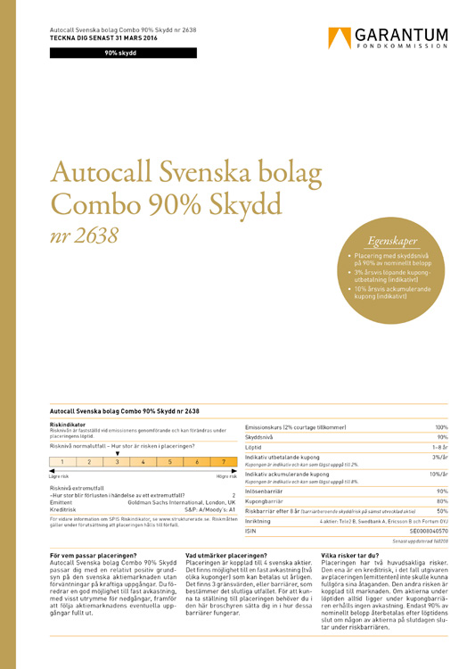 Förtida inlösen - om underliggande aktier vid en observationsdag ligger på eller över 90% av startkursen löser placeringen in i förtid (årsvis).