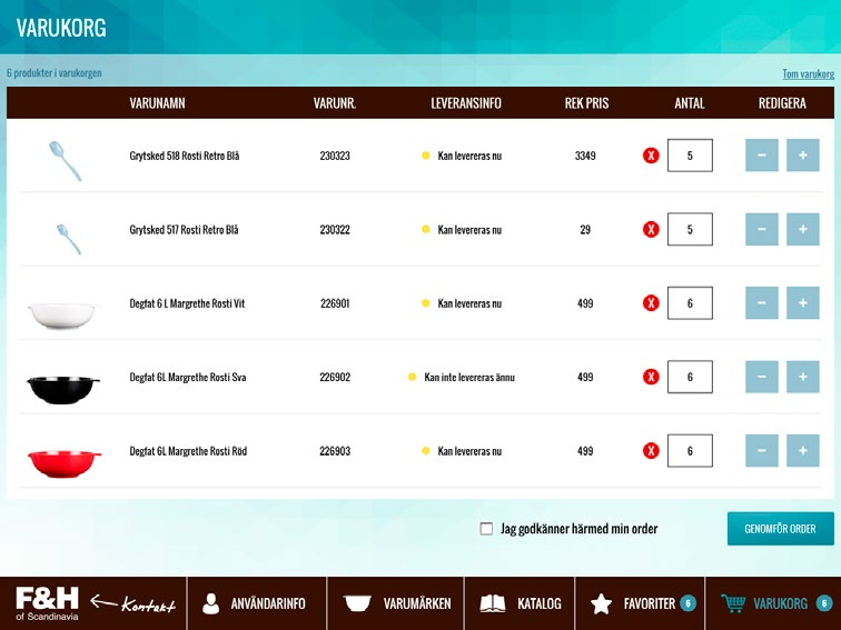 VARUKORG Beställningslista 3 5 På den här listan ingår alla de produkter och antal kolli, som du lagt till i din varukorg. Det är möjligt att scrolla upp och ned på listan.