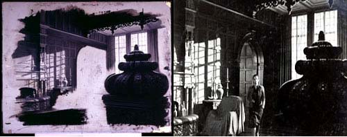 Bild 2 bilder från en scen i the paradine case. Den vänstra visar hur glasskivan såg ut och den högra det färdiga resultatet.