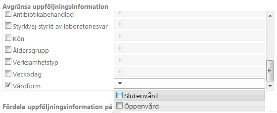 Välj Slutenvård och klicka sedan utanför dropdownlistan (exempelvis på diagramytan) för att verkställa valet