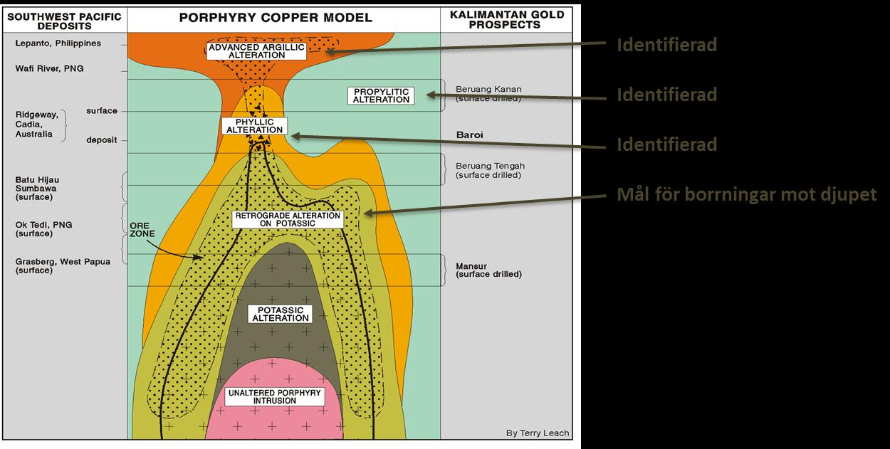 verifieras av borrkärnornas textur. Därutöver uppträder koppar-guld-zink-silver mineralisering tillsammans med omvandlingen i samma storleksordning som i andra porfyrsystem.