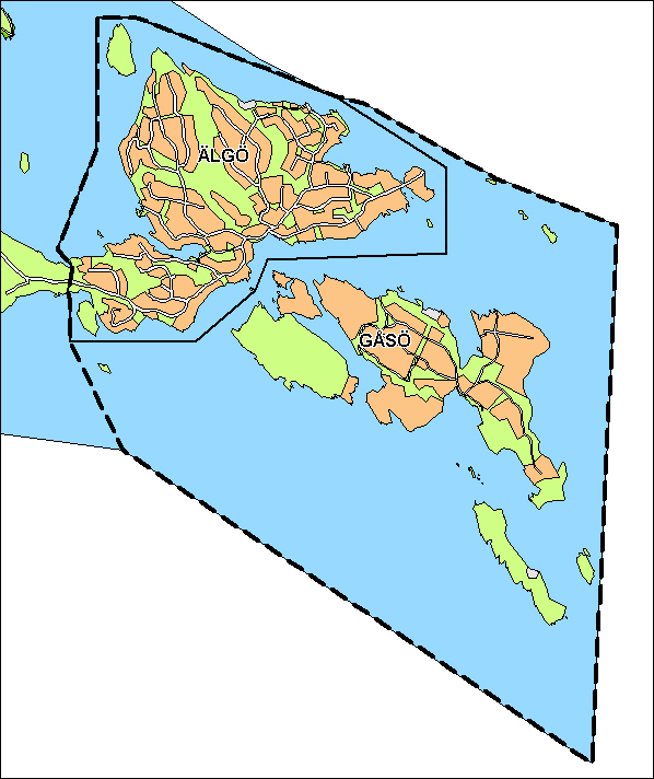 Planområde (heldragen linje) och fördelningsområde (streckad linje) Förutom anläggningskostnader för gator, inklusive belysning och avvattning, tomtinfarter, släntanpassningar, samt park, ingår