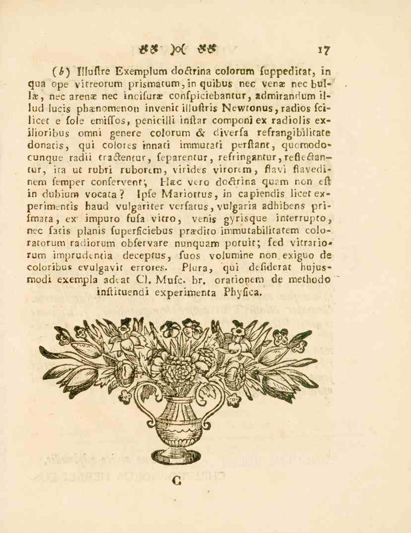 i? (ö) Illustre Txemplum do&rina colorum fuppeditat, in qua ope vitreorutn prismatum, in quibus nec vena» nec bul» lae, nec arenae nec incifura» confpiciebantur, admiranrium illud iucis phaenomenon