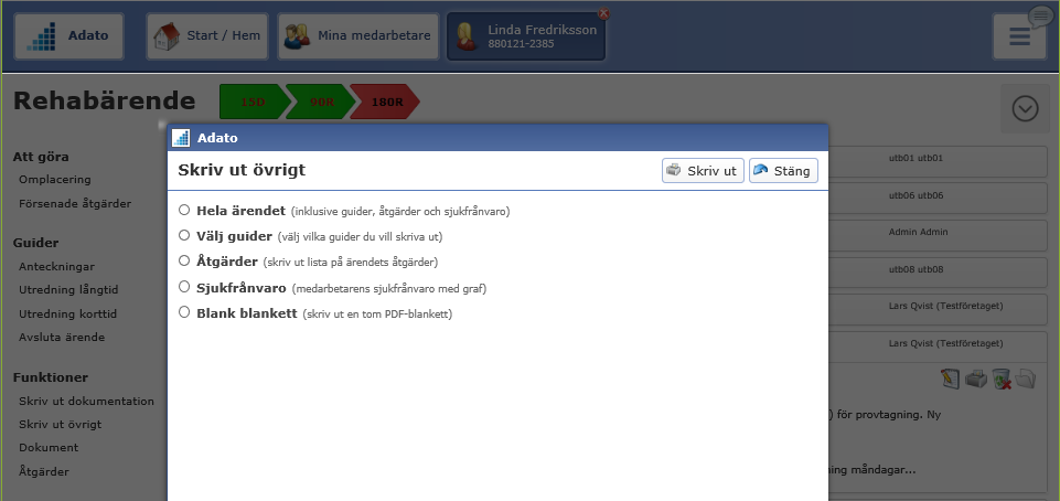 Skriv ut rehab dokumentation med all information Från rehabärendet, välj Skriv ut dokumentation, där all dokumentation i rehabärendet visas dels en sammanställning och dels varje guide/anteckning och