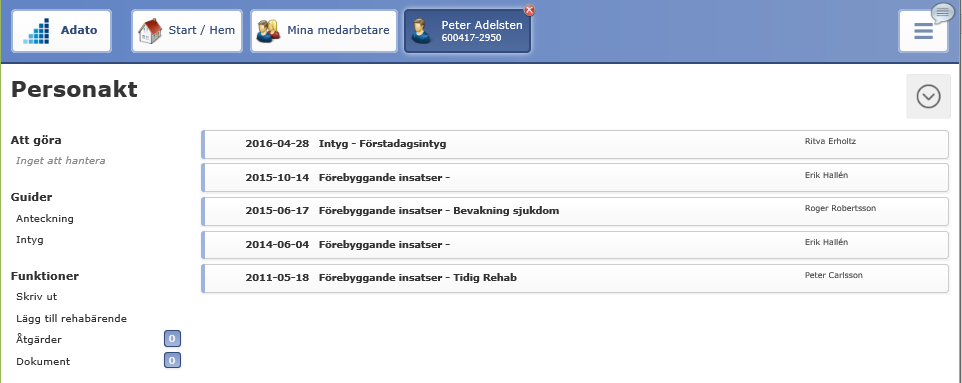 På Sjukfrånvaroöversikten kan också rapporten Sammanställning sjukdagar väljas för utskrift, från Medarbetaröversikten finns Personsammanställning (detaljerad) samt att man på Rehaböversikten också