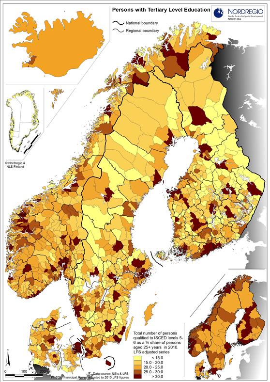 Figur 9 visar att i Sveriges inland och Finska Lappi, de mörklilafärgade områdena, är mer än 60 fler kvinnor än män högutbildade. Statistik om utbildningsgrad kommer senare. Statistik på drop-outs 1.