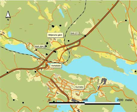 Bild 5. Undersökningsområdet med de berörda fornlämningarna markerade. RAÄ 271 Stensättningarna som var av typen misterhultare låg på krönet av en bergplatå öster om Böljerums dalgång.