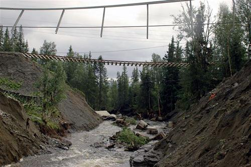 Bortspolad järnvägsbank efter skyfall vid Ånn i Jämtland 2006. Foto genom MSB.