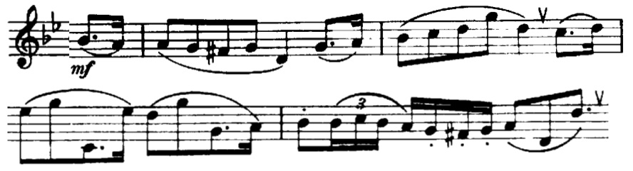 3. Analys och musikalisk djupdykning Efter en kort pianointroduktion som klart hör hemma i f-moll gör trumpeten entré med här angivna melodi: Ex. 1: Sats 1, takt 7-11.