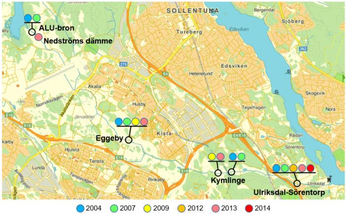 Inventeringar enligt NV:s bedömningsgrunder 1999 påbörjades 24 vid fyra lokaler nära Säbysjön (ALU-bron eller nedströms dämmet), vid Eggeby, vid Kymlinge nedströms Kymlingelänken och vid