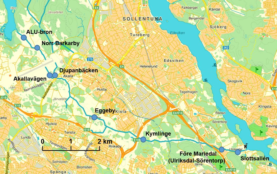 Vattenprovtagningar Prover har sex år tagits vid flera punkter längs Igelbäcken och i Djupanbäcken (Fig 3), den första provtagningen vid sex tillfällen februari 1989 januari 199, övriga år månadsvis