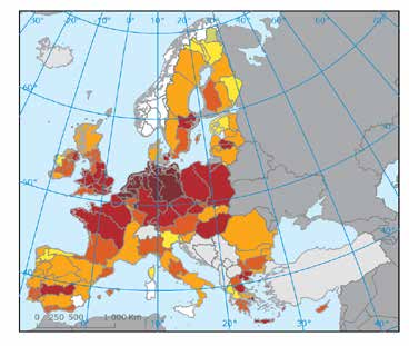 Även i ett europeiskt perspektiv har länet stora prob lem med sitt vatten och övergödningen är det mest allvarliga av dessa, se jämförelsen i kartan nedan.