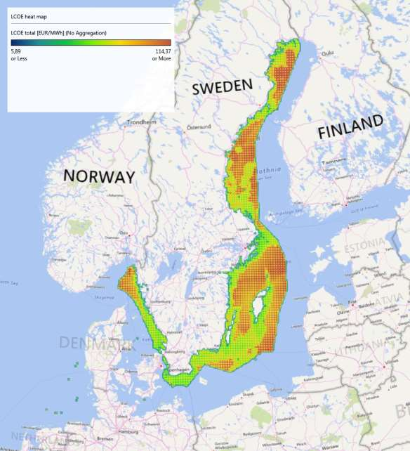 Figur 86: LCOE "värmekarta" huvudteknikutvecklingsscenario 2025, 5