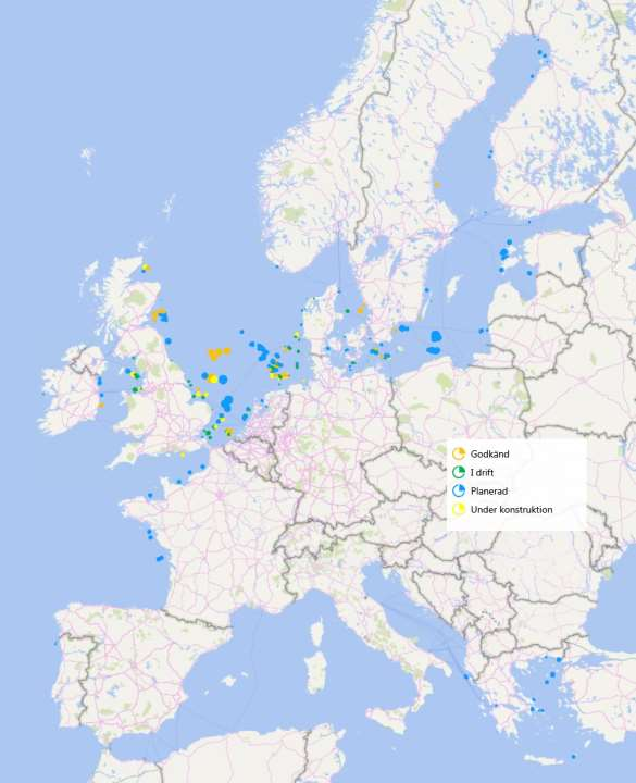 Figur 9: Projekt i Europa per projektfas Källa: 4COffshore, Sweco analys Kostnadsreduktionen på den europeiska marknaden drivs av vindkraftsindustrins aggressiva utveckling av ny teknik tillsammans